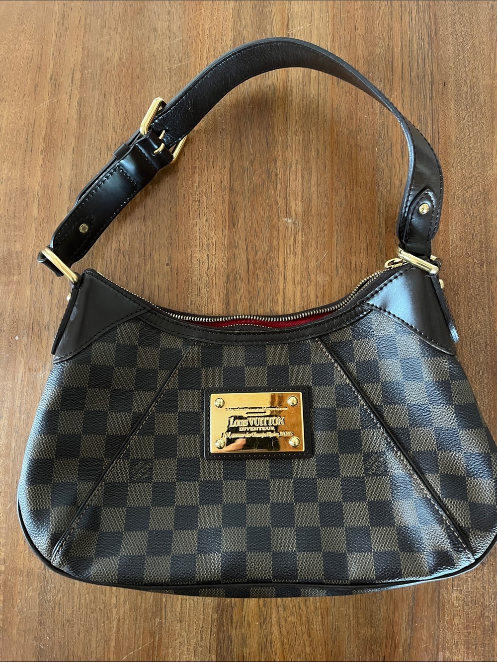 Louis Vuitton Damier Ebene Shoulder Bag with Gold Plate